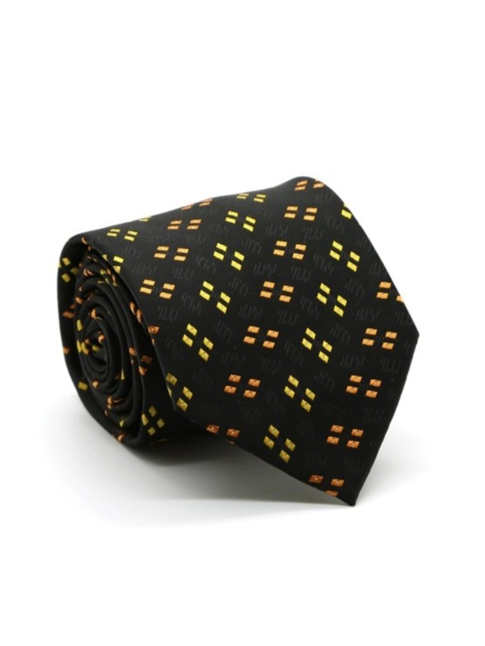 Ferrecci Mens Black/Yellow/Orange Geo Pattern Necktie with Handkerchief Set
